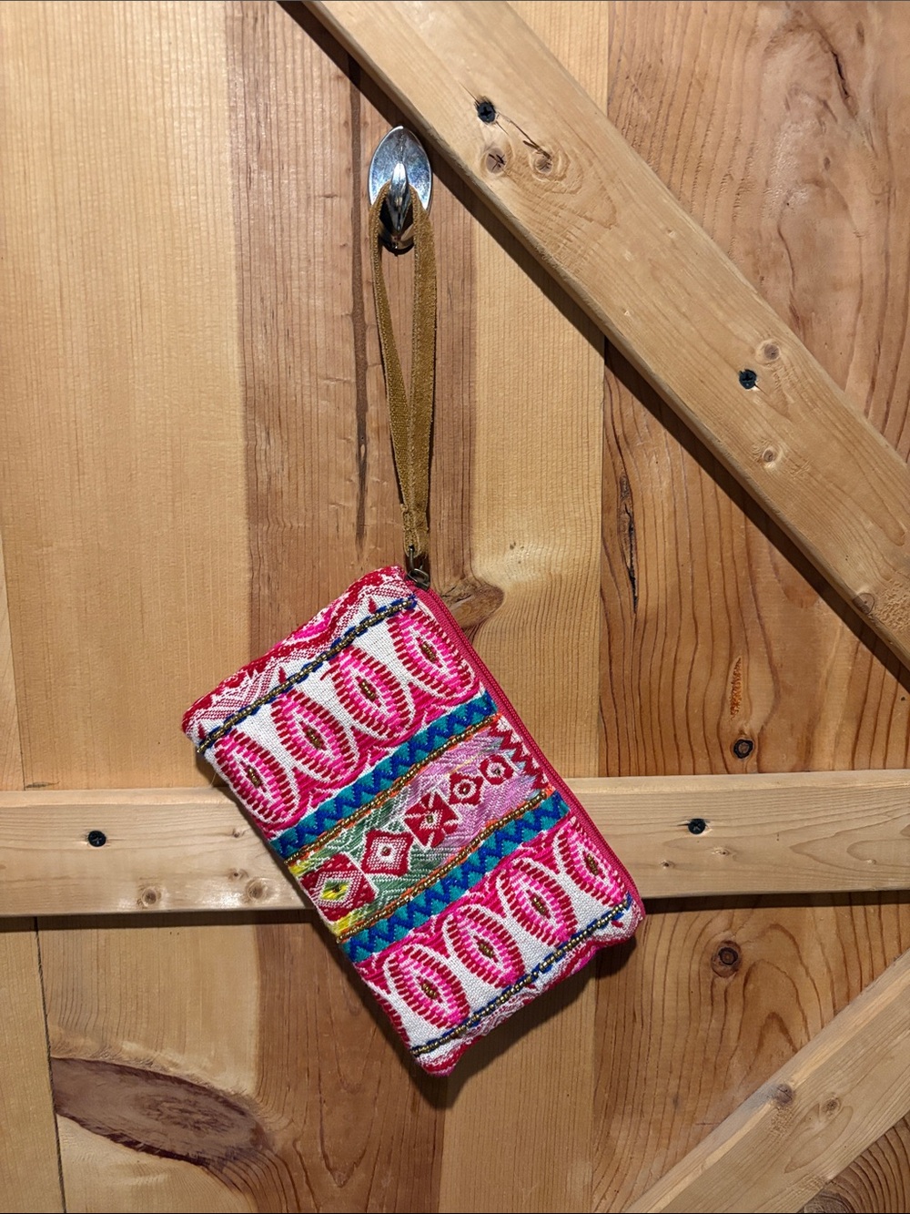 Handwoven Pink Multi-Color Embroidered Wristlet Clutch